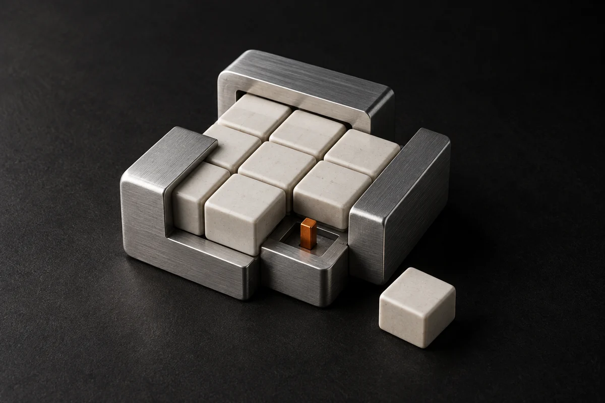 Ceramic modules in a precisely milled aluminium frame, representing modular software architecture